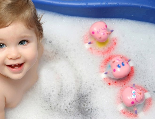 1 year baby bathing with toys