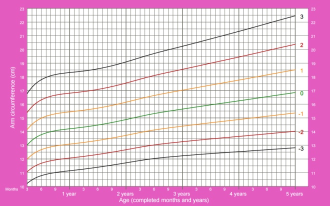 The circumference of the shoulder in girls from 3 months to 5 years who